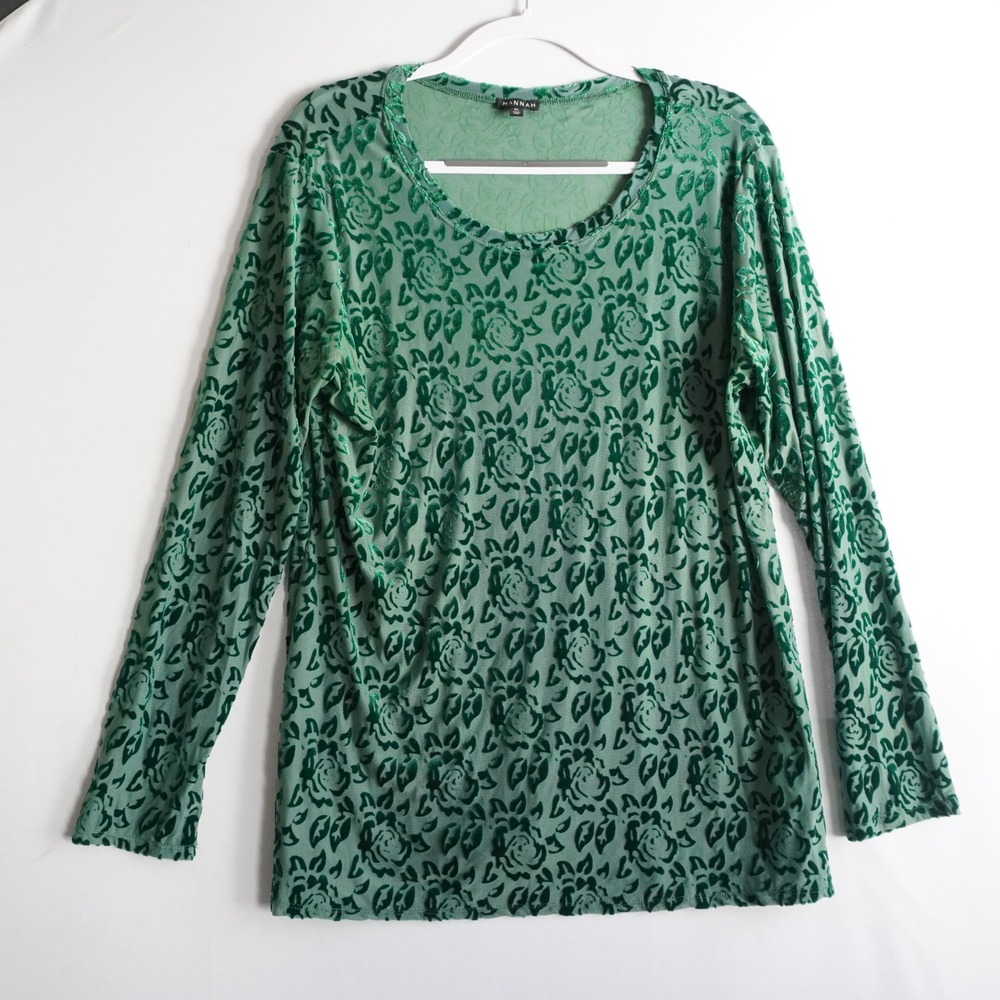 HANNAH Green Burnout Velvet‎ Floral Rose Mesh Top XL Long Sleeve Scoop Neck Goth